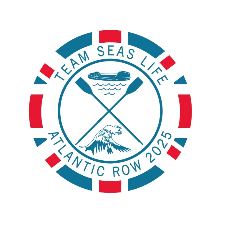 Round logo with oars, waves and a boat in the middle. Text going around saying "Team Seas Life Atlantic Row 2025". 