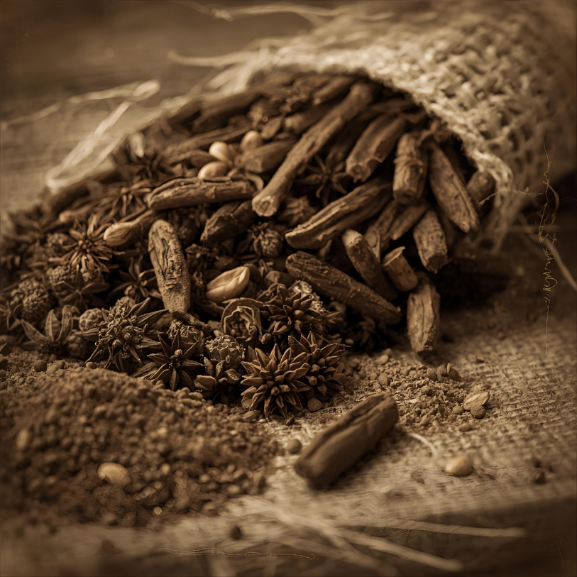 A mix of various spices spilling from a burlap sack.